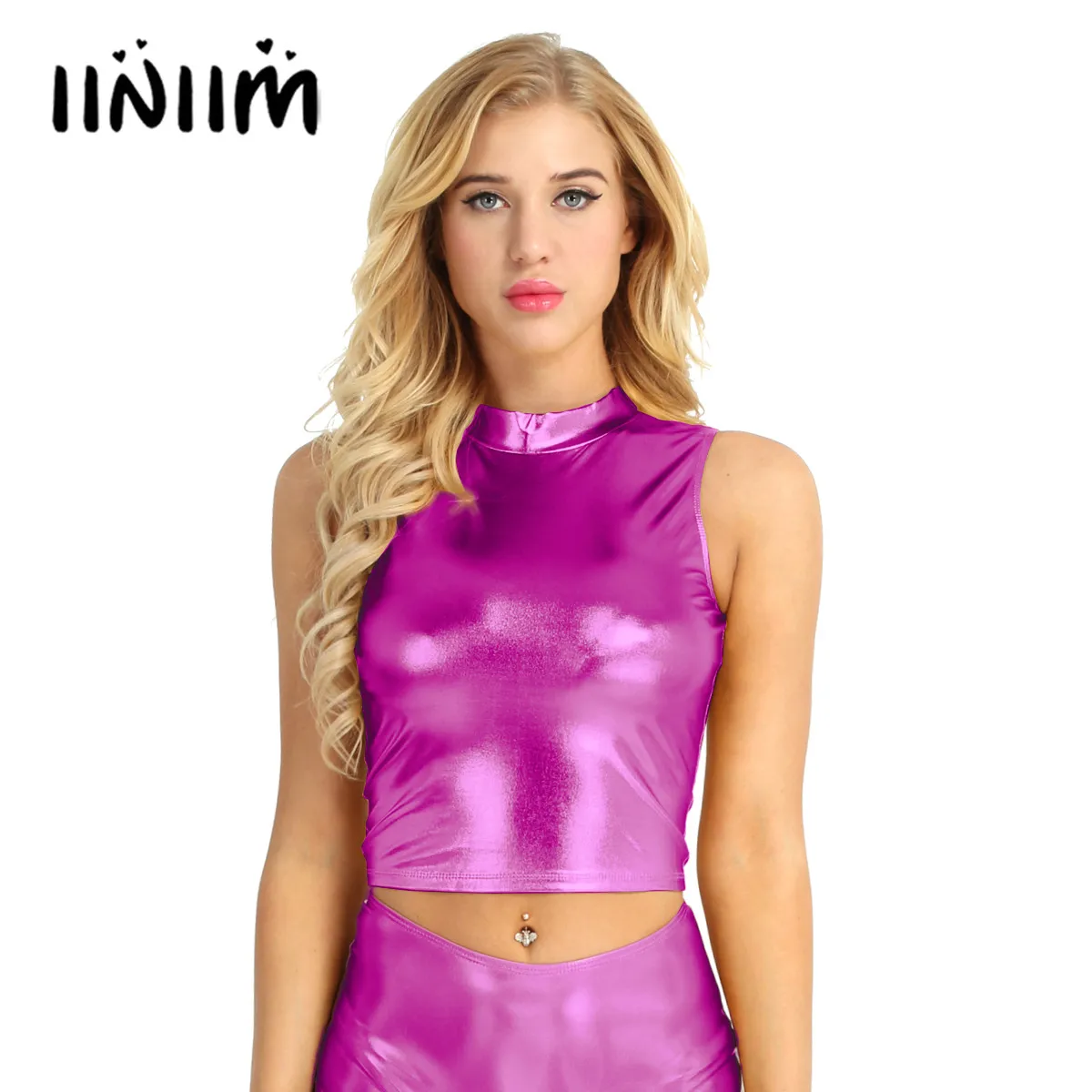 

Women's Clothing Fashion Wet Look Faux Leather Crop Tops Sleeveless Mock Neck Turtleneck Crop Tank Tops Party Clubwear