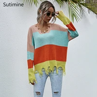 new autumn and winter womens europe and america cut tassel retro sweater v neck loose color matching sweater