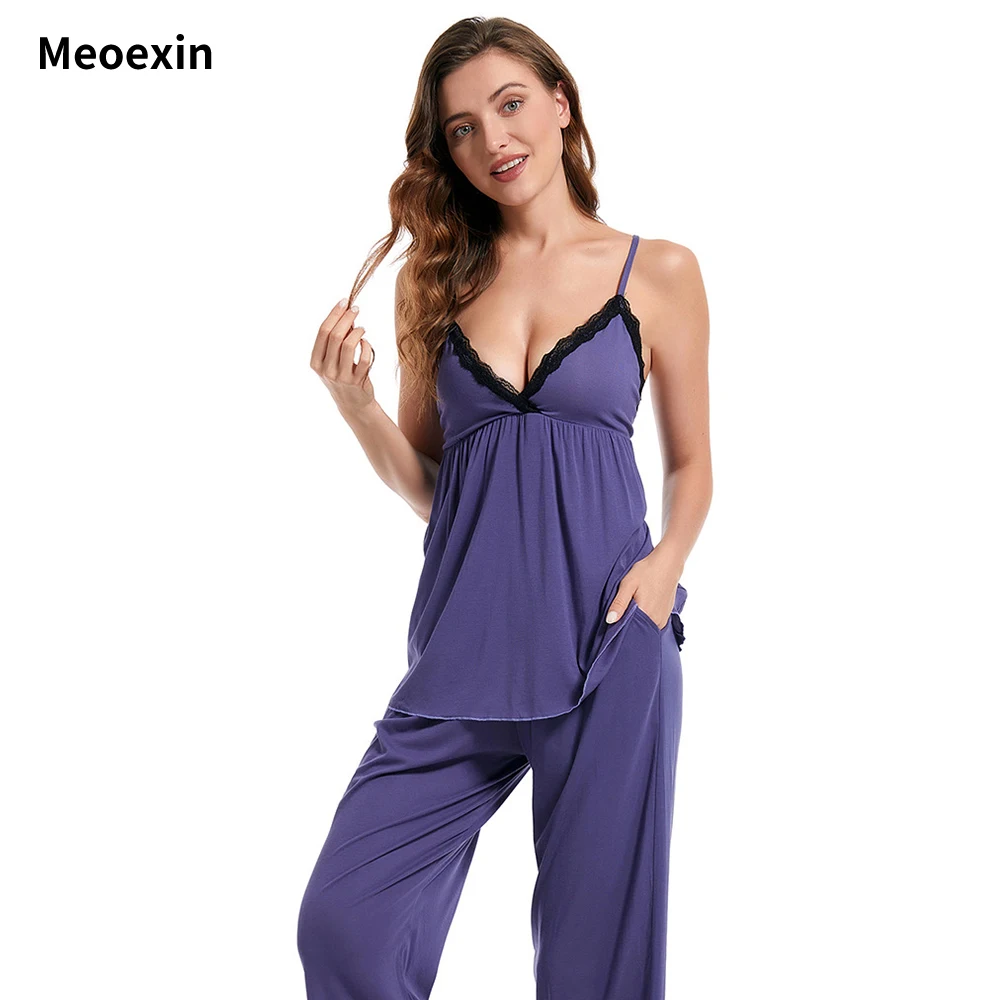 

Meoexin Simple Solid Color Modal Women's Home Clothes Lace Suspender Pajama Capris Two-piece Comfortable Breathable Home Clothes
