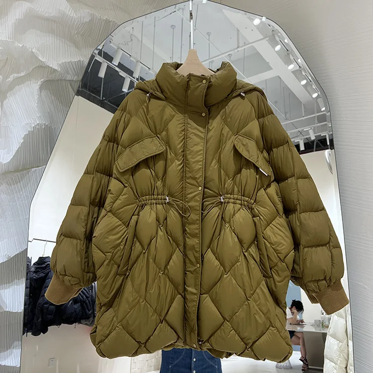 Women's Long Down Jacket 2022 New Korean Hooded Drawstring Waist Loose Long Sleeve Solid Color Winter Coat F566
