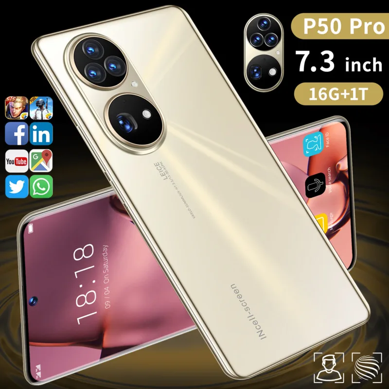 2022 New P50 Pro Global Version Dual Sim Android Mobile Phone 7.3 Inch Smartphones 16GB+1TB 6800mAh 5G Unlock Mobile Phones