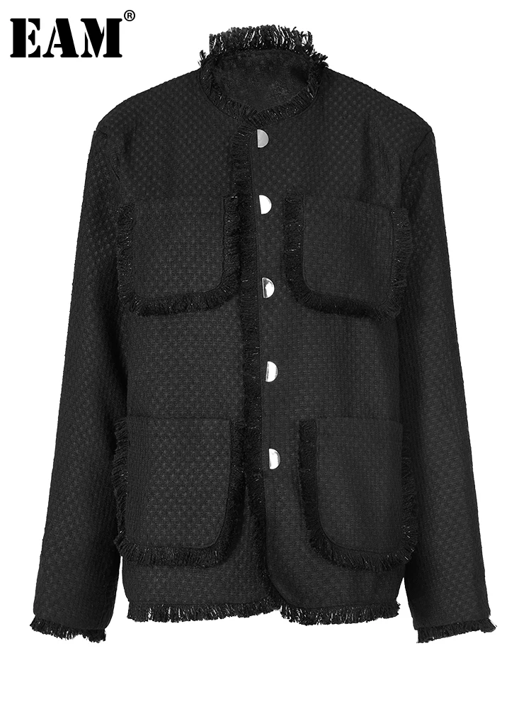 

[EAM] Loose Fit Black Tassels Elegant Big Size Jacket New O-neck Long Sleeve Women Coat Fashion Tide Spring Autumn 2023 1DF6397