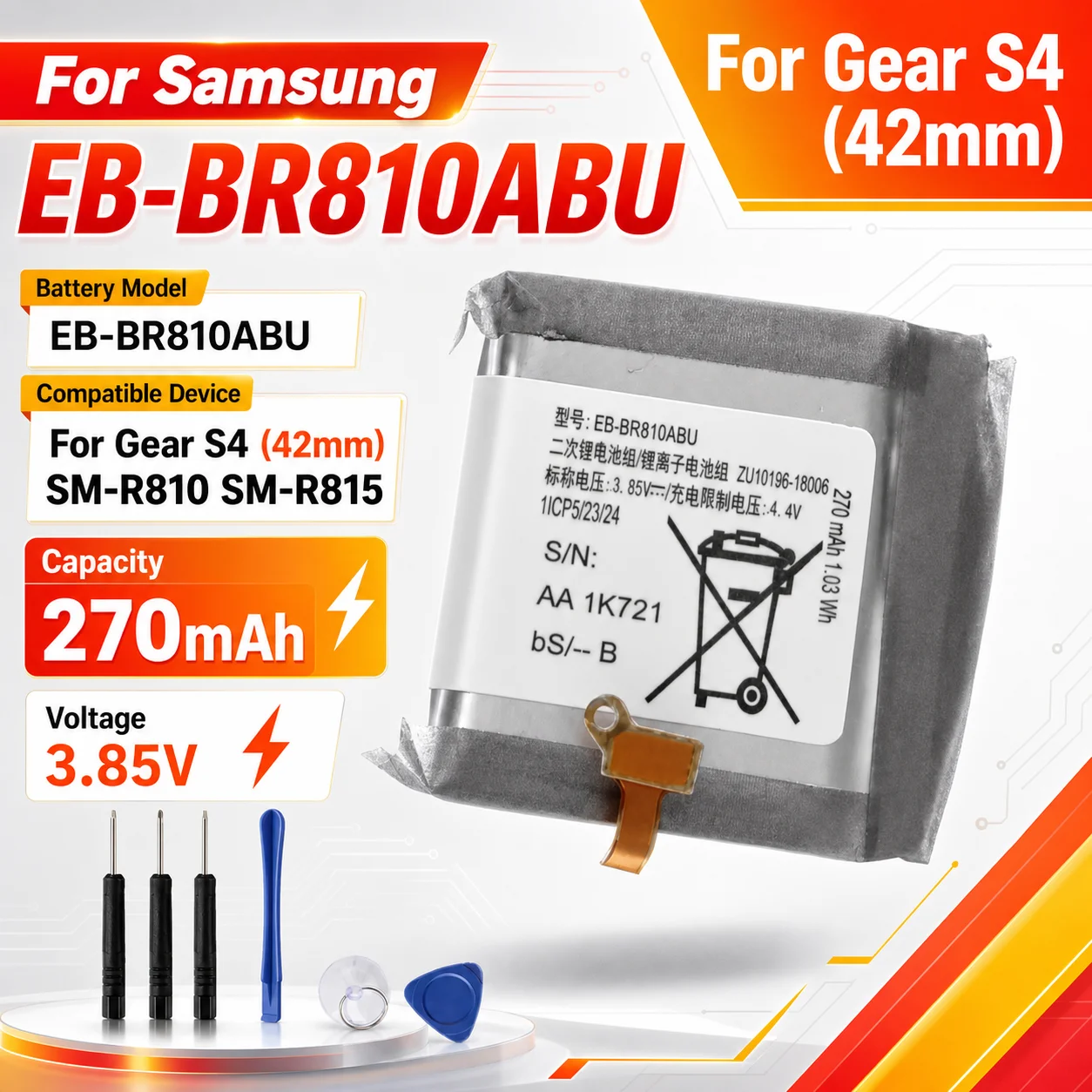 Фото Сменная батарея для умных часов EB-BR810ABU 270 мАч для Samsung Gear S4 SM-R810 SM-R815 R810 R815 с инструментами №1