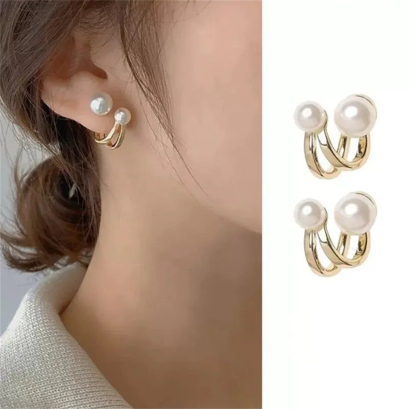 

Women Gold Color Eardrop Pearl Studs Hoop Cute Pearl Studs Cute