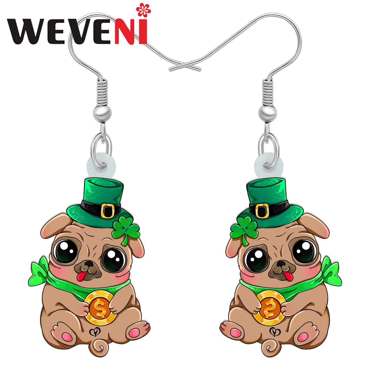 Weveni Acrylic St Patricks Day Hat Big Eyes Coins Pug Earrings Cute Novelty Browns Dogs Dangle Drop For Women Gifts Accessories