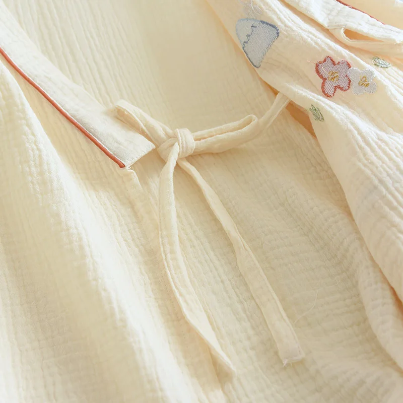 Embroidered Kimono Pajama Set Female Japanese-style Four Seasons Thin Soft Crepe Two Long-sleeved Trousers Lace-up Loungewear Pj