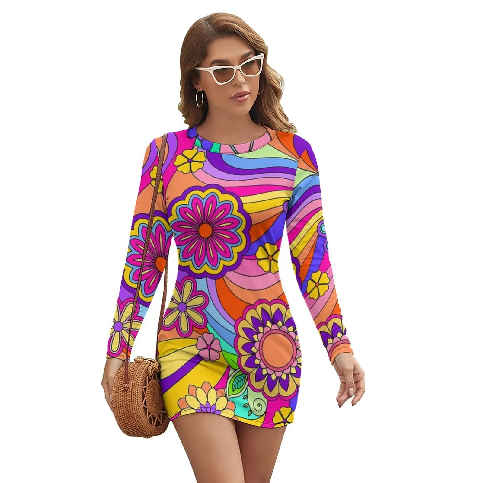 

Flower Power Inspired Dress Long Sleeve Groovy Hippy Retro Streetwear Dresses Summer Sexy Bodycon Dress Print Oversized Vestidos