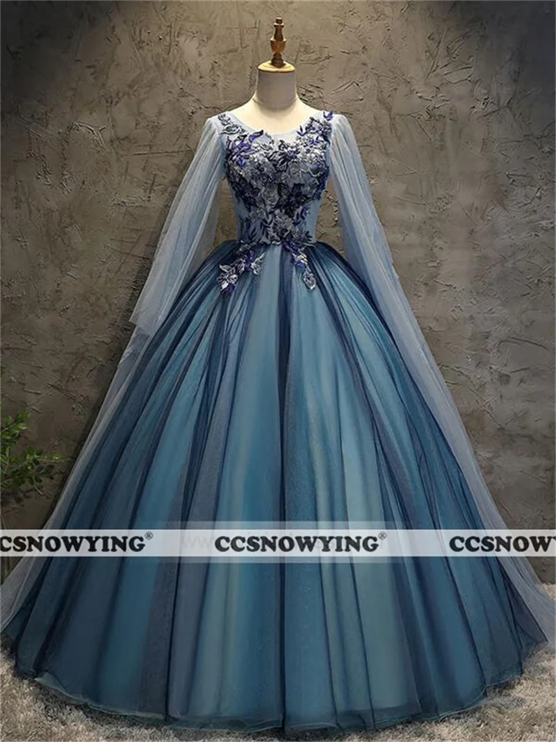 

Long Sleeve Scoop Neck Prom Dresses Tulle Appliques Formal Evening Party Dress Women Robe De Soiree