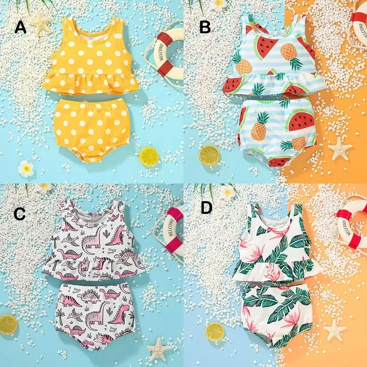 

Girls Bikini Swimsuit Suit Children's Clothing Summer Beach Short Pants Sleeve 2pcs Set Fruit Dinosaur Dot Leaf Printed Swimwear