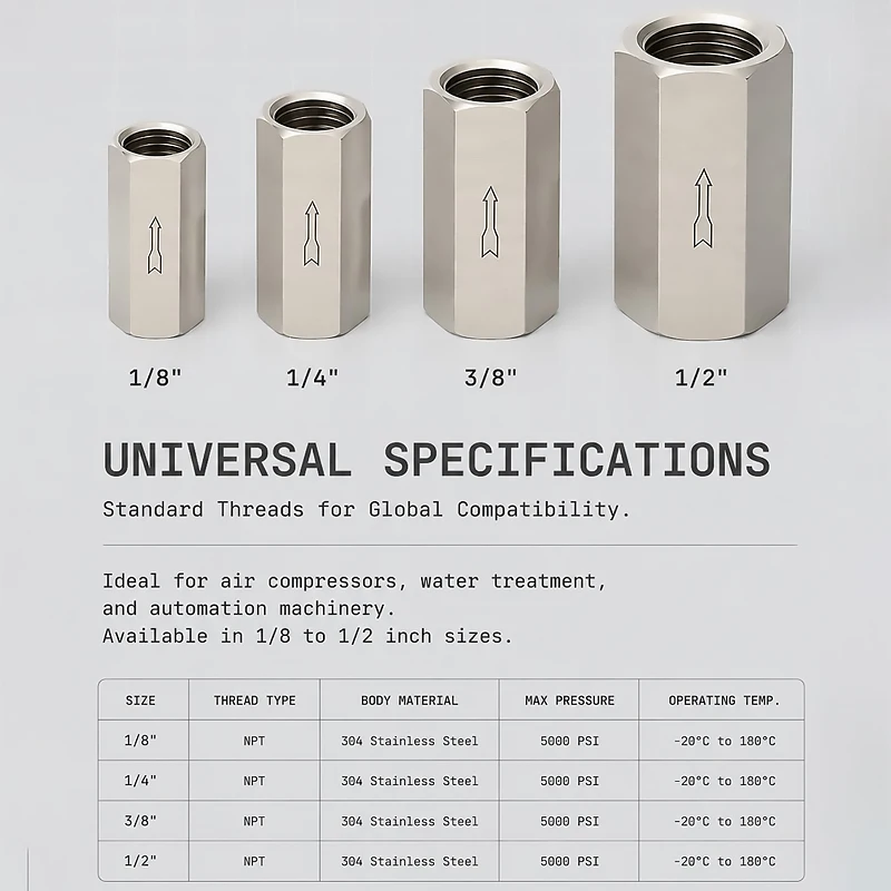 Обратный клапан из нержавеющей стали 304, 18, 14, 38, 12 дюйма, с внутренней резьбой BSPNPT, односторонний, для воздуха, воды, масла, жидкостей, 1 шт. (art.: 3920db689fd5f) - 3920db689fd5f