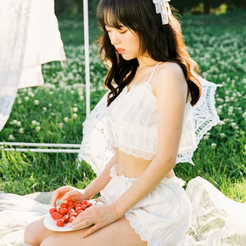 QWEEK Japanese Sweets Sleepwear Kawaii Lingerie Set Woman 2 Pieces Pajamas Summer Spaghetti Strap Room Wear Sexy Nightie 2023