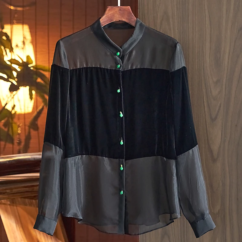 

Fashion Woman Blouses 2022 Autumn Elegant Long Sleeve Women's Black Shirts 100% Real Silk Velvet Shirt Loose Tops Women Blouse