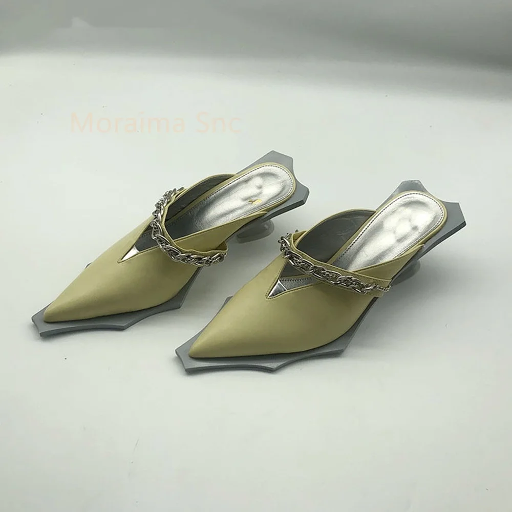 Summer Pointed Toe Women's Slippers Metal Chain Sandals Strange High Heel Novelty Solid Comfortable Outside Ladies Shoes