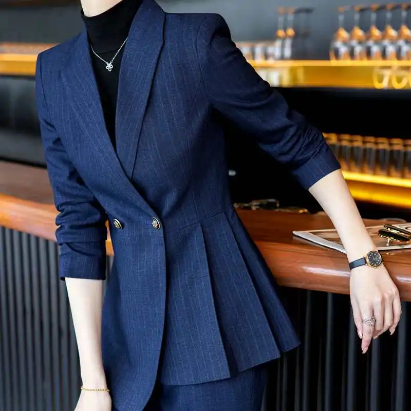 

2022 Autumn Winter Formal Ladies Blue Stri Blazer Women Business Suits with Sets Work Wear Office Uniform 5XL Size Pants Jacket