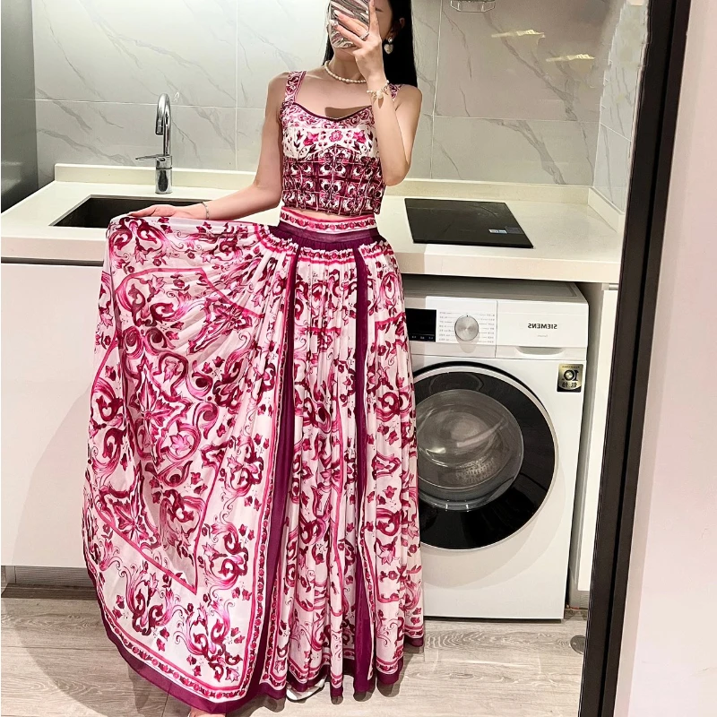 

2023 New Summer Top Quality Floral Print Peated Sleeveless Slim Tops and A-Line Skirts Two Piece Sets Women Outifits