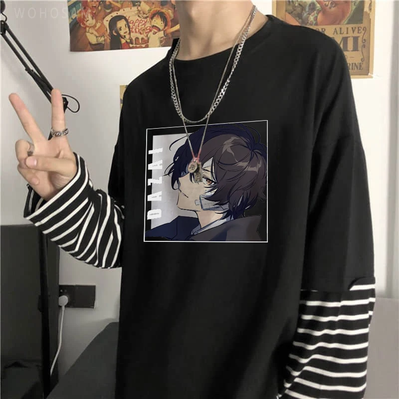 

Cool Japan Anime Osamu Dazai Bungo Stray Dogs Fake Two Pieces T-Shirt Harajuku Manga Summer Casual Fashion Men Women T Shirts