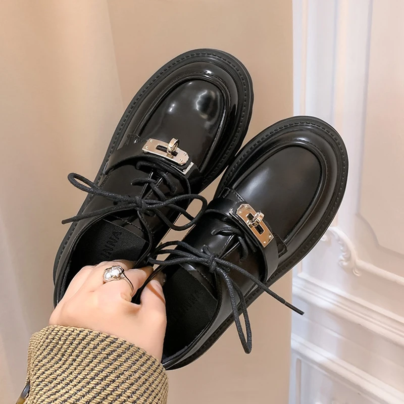 2023 Spring New Loafers Shoes Women Black High Heel British Style Leather Shoes Fashion Buckle Strap Casual Platform Shoes Woman