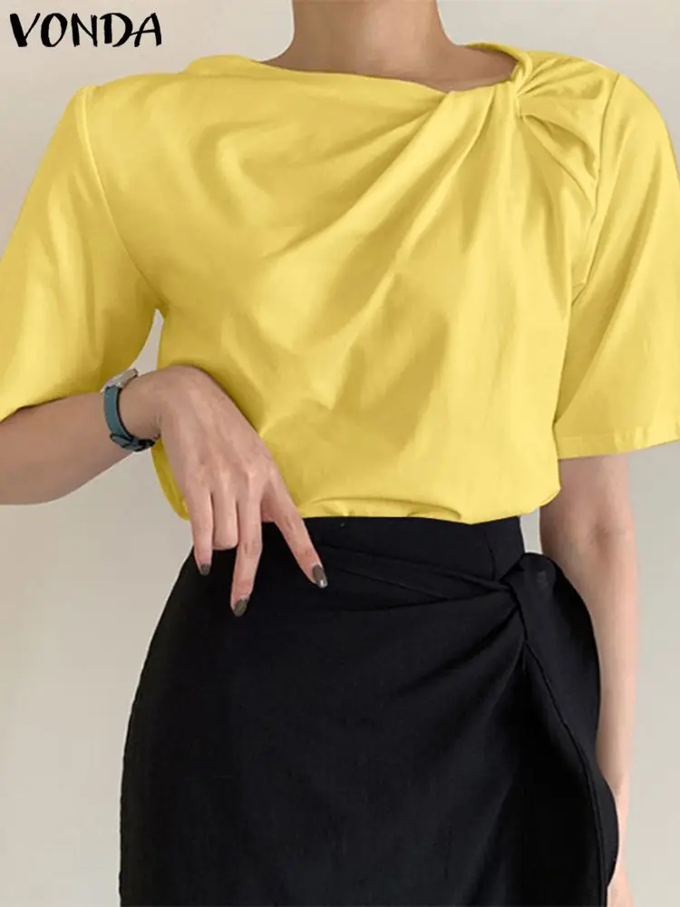 

VONDA Women Summer Twist Tops 2022 Stylish Short Sleeve Blouse Casual Solid Color Pleated Tunic Shirt Elegant Party Blusas Femme
