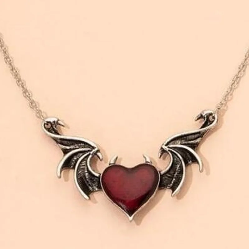 

Devil's Wings Necklace Gothic Retro Punk Hip-Hop Metal Pendant Heart-Shaped Oil Ladies Necklace Couple Party Necklace Wholesale