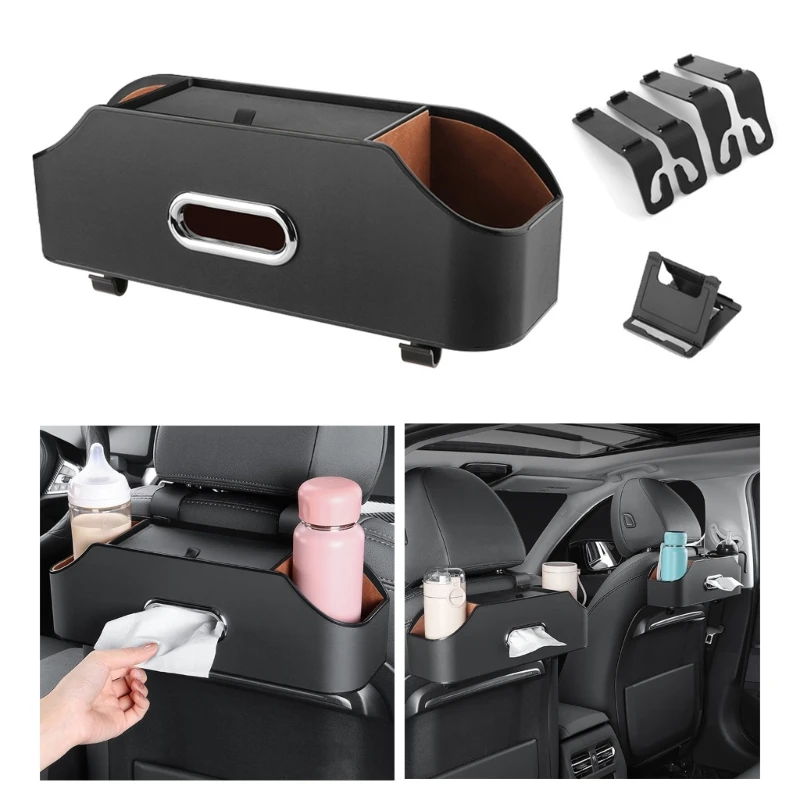 

Car Back with 2 Drink Cup Holder Tissue Box and Storage Box Hook Multi-functional Storage Box