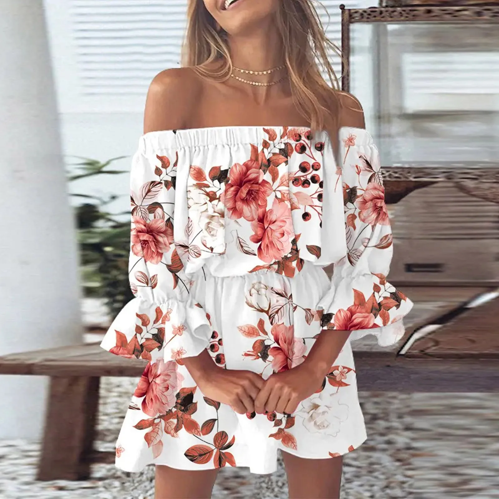 

Sexy Off Shoulder Bell Sleeve Casual Party Dress For Women 2022 Summer Fashion New Slash Neck Printing Loose Mini Dresses