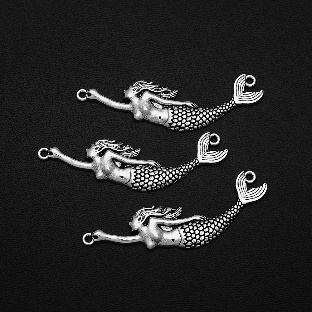 5pcs/Lots 25x58mm Antique Silver Plated Mermaid Oceanlife Connectors Charm Fairy Tale Pendants For Diy Jewelry Making Bracelet