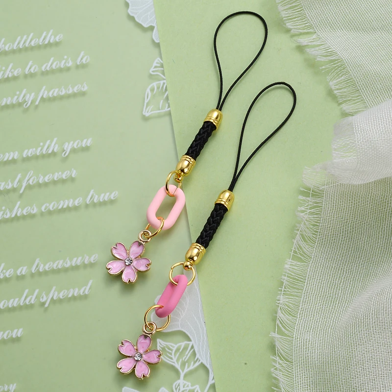 1Pcs Metal Mobile Phone Pendant Pink Flower Petals Ladie Gift Diagonal Phone Lanyard Anti-Lost Key Chain Accessories Decoration