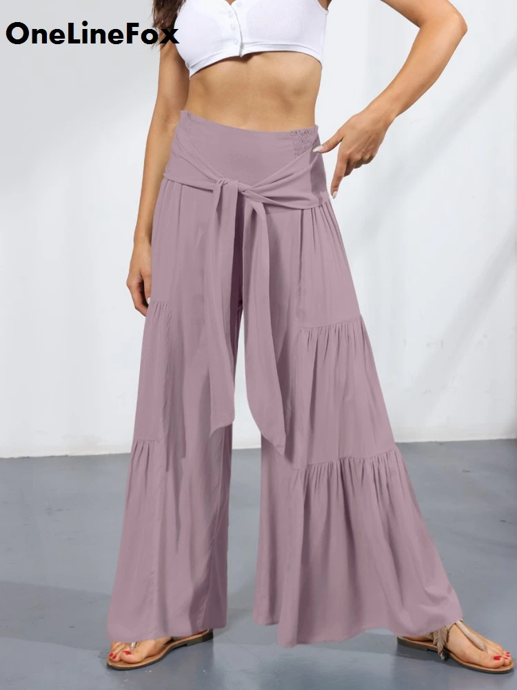 

OneLineFox Women's Wide Pants Fashion 2022 Casual Bandage Yoga Flared Trousers Loose Full Length High Waist Long Palazzo Pants
