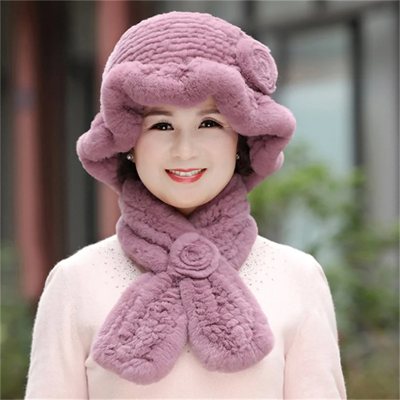 Winter Women's Rex Rabbit Fur Hat Russian Natural Real Fur Knitted Hat Fashion Warm Fiuffy Women's Scarf Two-Piece Fur Straw Hat