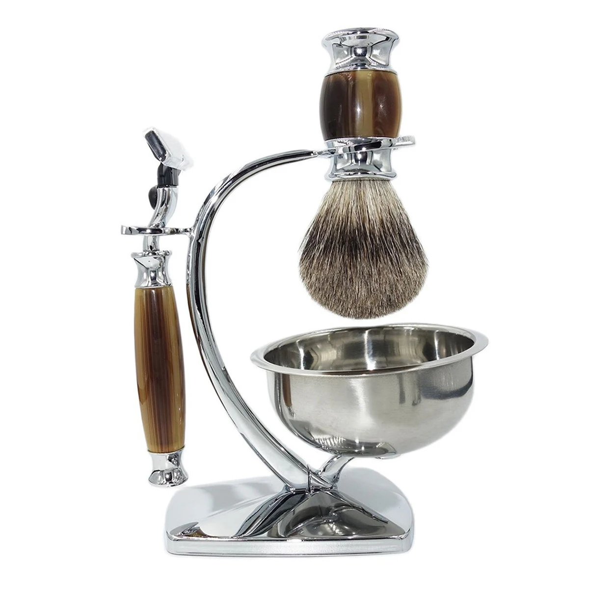 iRAZOR Men Shaving Set with Natual Honey Pure Badger Hair Brush and Soap Lather Bowl Deluxe Chrome Manual Razor Stand Holder |