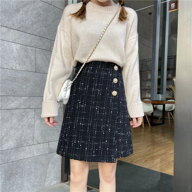 

Rimocy Korean Style High Waist Plaid Skirts Women Autumn Winter Woolen Mini Skirt Woman Retro Button A Line Faldas Mujer Moda