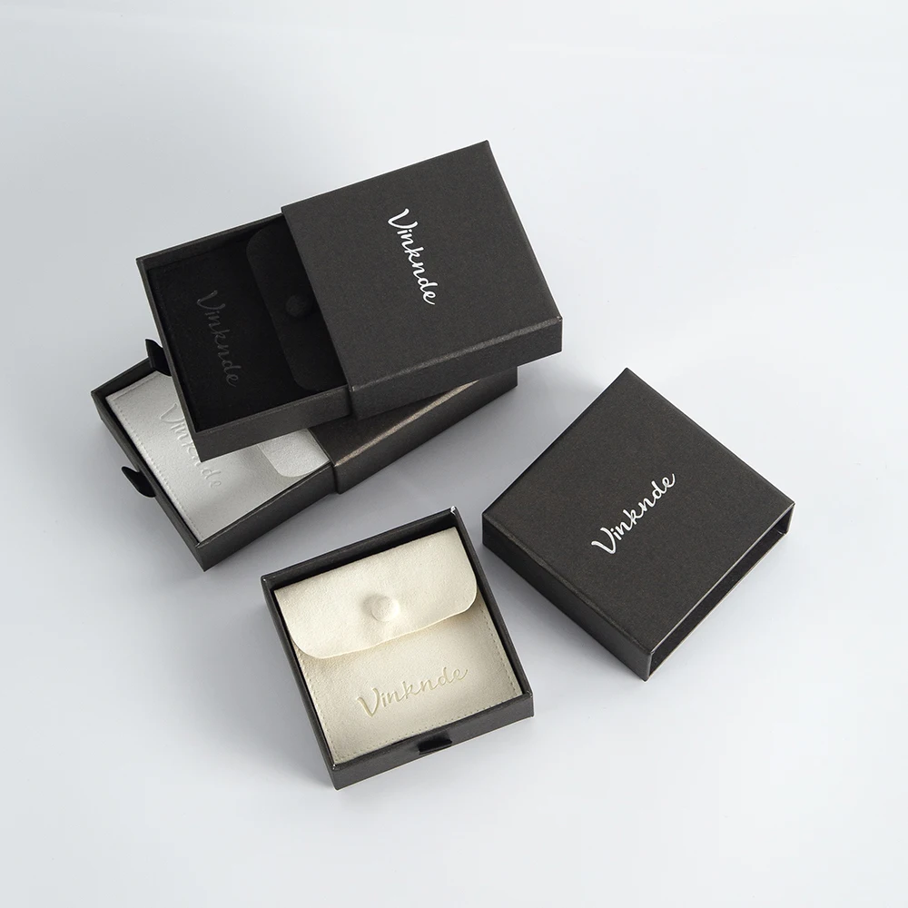 9x9x3.2cm DIY Drawer Box Custom Logo Slide Cardboard Jewelry Necklace Packaging Gift Organizer Case Microfiber Button Pouch Bag