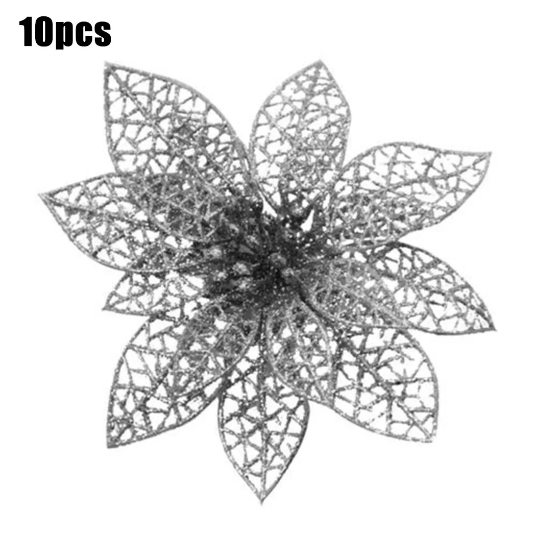 

10Pcs Flower Head Glitter Artificial Silk Flower Christmas Tree Ornament Xmas Decoration DIY Xmas Tree Ornament New Year Gift