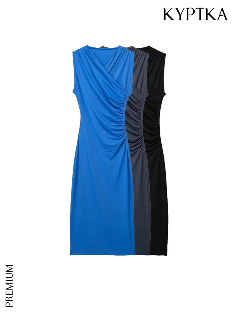 

KYPTKA Women Fashion Draped Mini Dress Vintage V Neck Sleeveless Female Dresses Vestidos Mujer