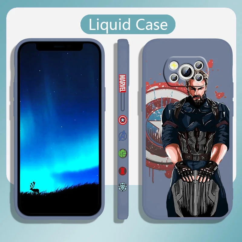 

Marvel Captain America For POCO M5 M4 X4 F4 C40 X3 NFC F3 GT M4 M3 M2 Pro C3 X2 4G 5G Liquid Left Rope Silicone Phone Case