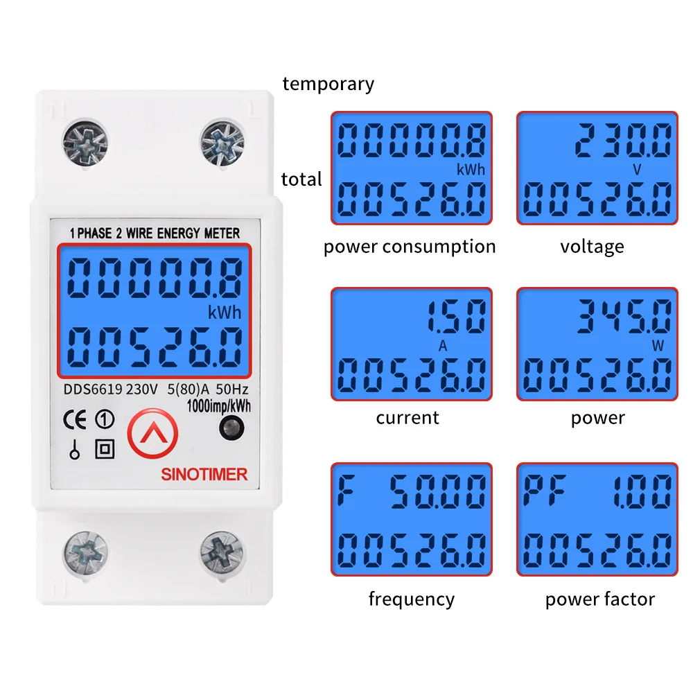 

Din Rail LCD Digital Backlight Single Phase Energy Meter kWh Power Consumption Meter Wattmeter Electronic AC 220V 80A Reset Zero