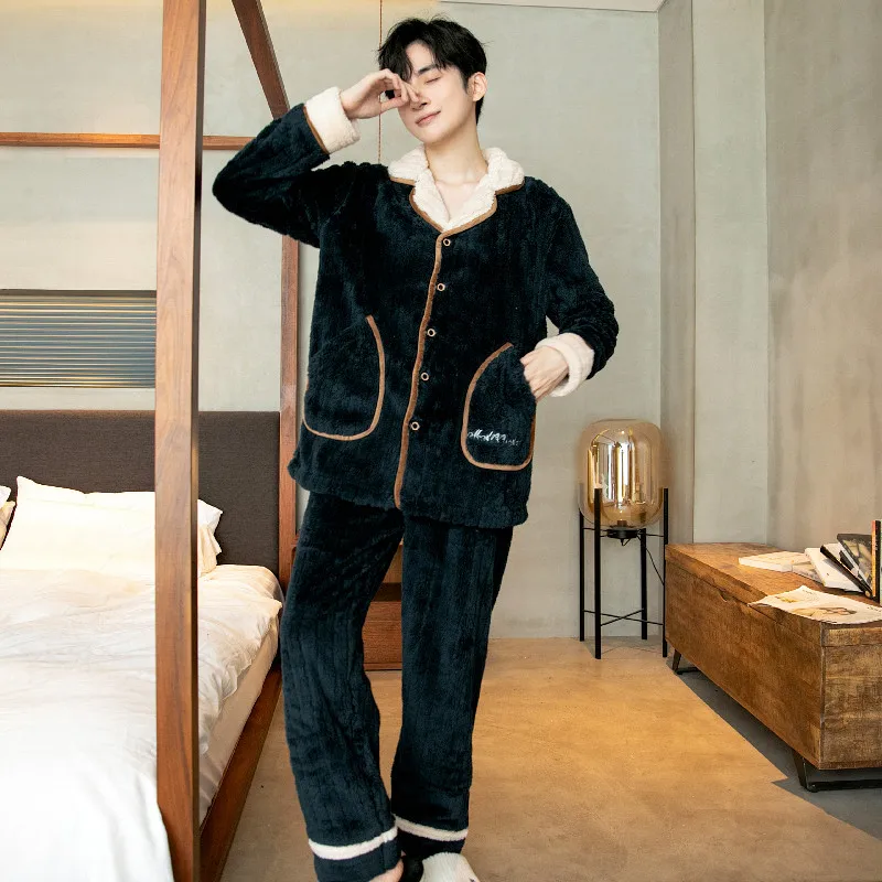 QUHENG Men Winter Pyjamas Suit Long Sleeve Autumn Thick Warm Flannel Pajama Sets for  Coral Velvet Cute Sleepwear Homewear
