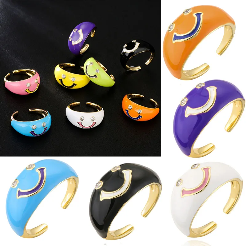 

New Drip Oil Smiley Face Expression Ring Color Inlaid Zircon Opening Adjustable Ring Female Jewelry Gift 8 Colors To Choose From