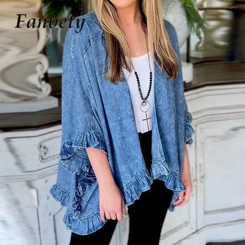 

Женская джинсовая куртка с оборками, повседневный Свободный кардиган во французском стиле с длинным рукавом «летучая мышь», 2023