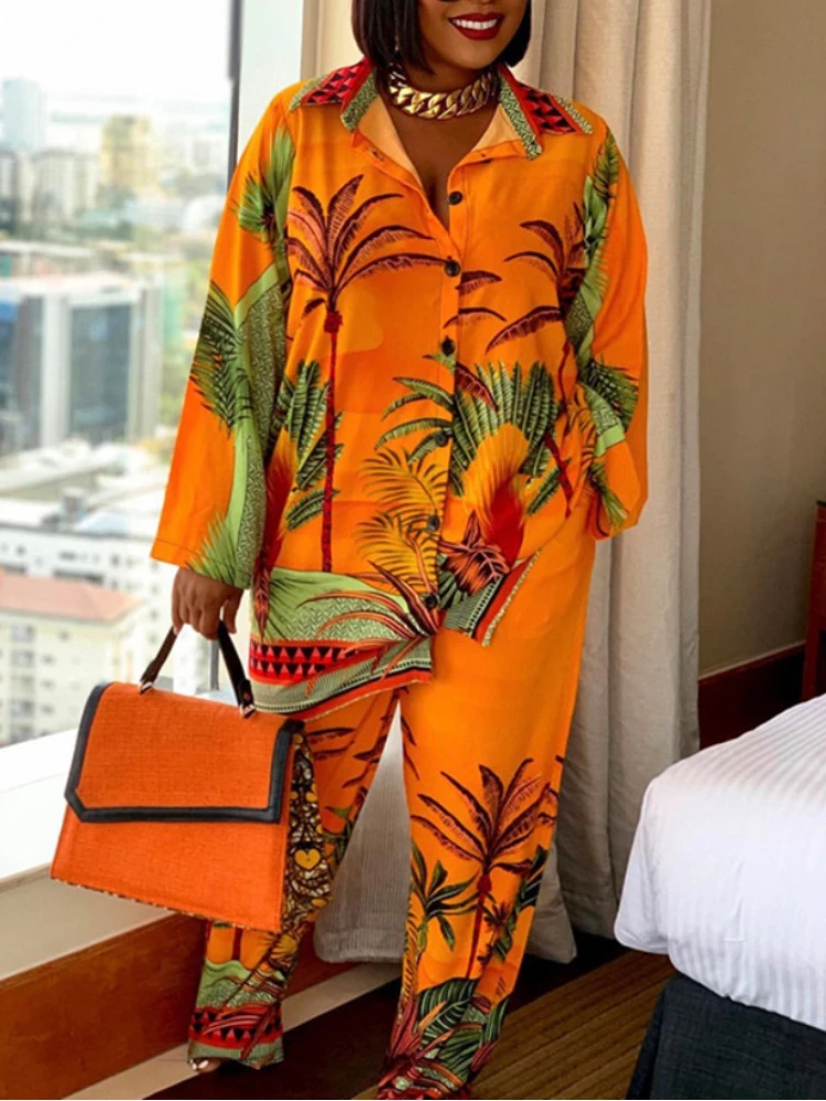 

Women Loose Printed Two Pieces Set Blouse Tops Long Sleeves with High Waist Wide Leg Pants African Fashion Autumn Female Suits