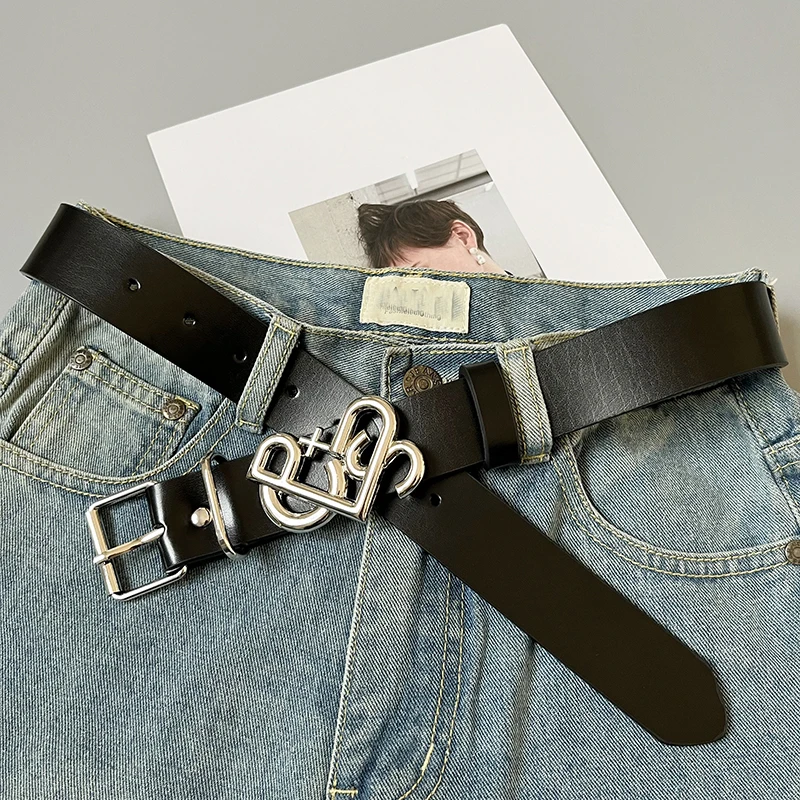 New Designs LOGO Letter Metal Silver Buckle Genuine Leather Belt Fashion Trouser Waist Belt for Women
