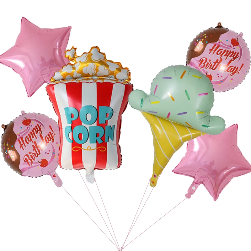 6Pcs Cute Ice Cream Balloons Set Popcorn Air Globos Children's Birthday Party Wedding Baby Shower Home Decorations Kids Toy Gift images - 6