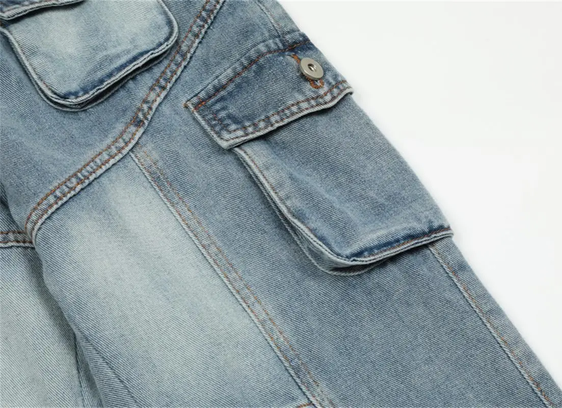 INS American pocket design tooling functional jeans men's loose trend wash water grinding white straight wide-leg long pants