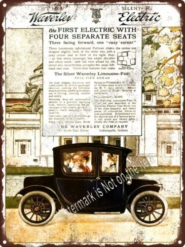 1912 WAVERLEY бесшумный электрический автомобиль Женский металлический знак 9x12 дюймов