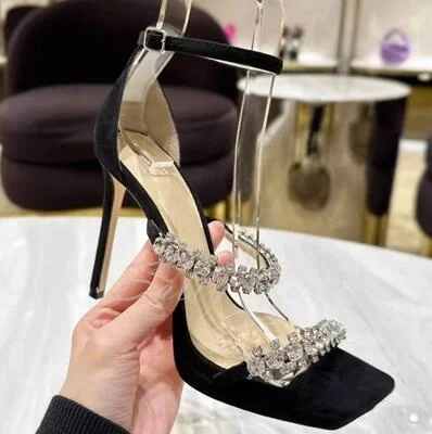 High Heel Women's Rhinestone Chain Thick Sole Platform 2023 New Summer Crystal Square Toe Thin Heel Ankle Strap Fairy Sandals