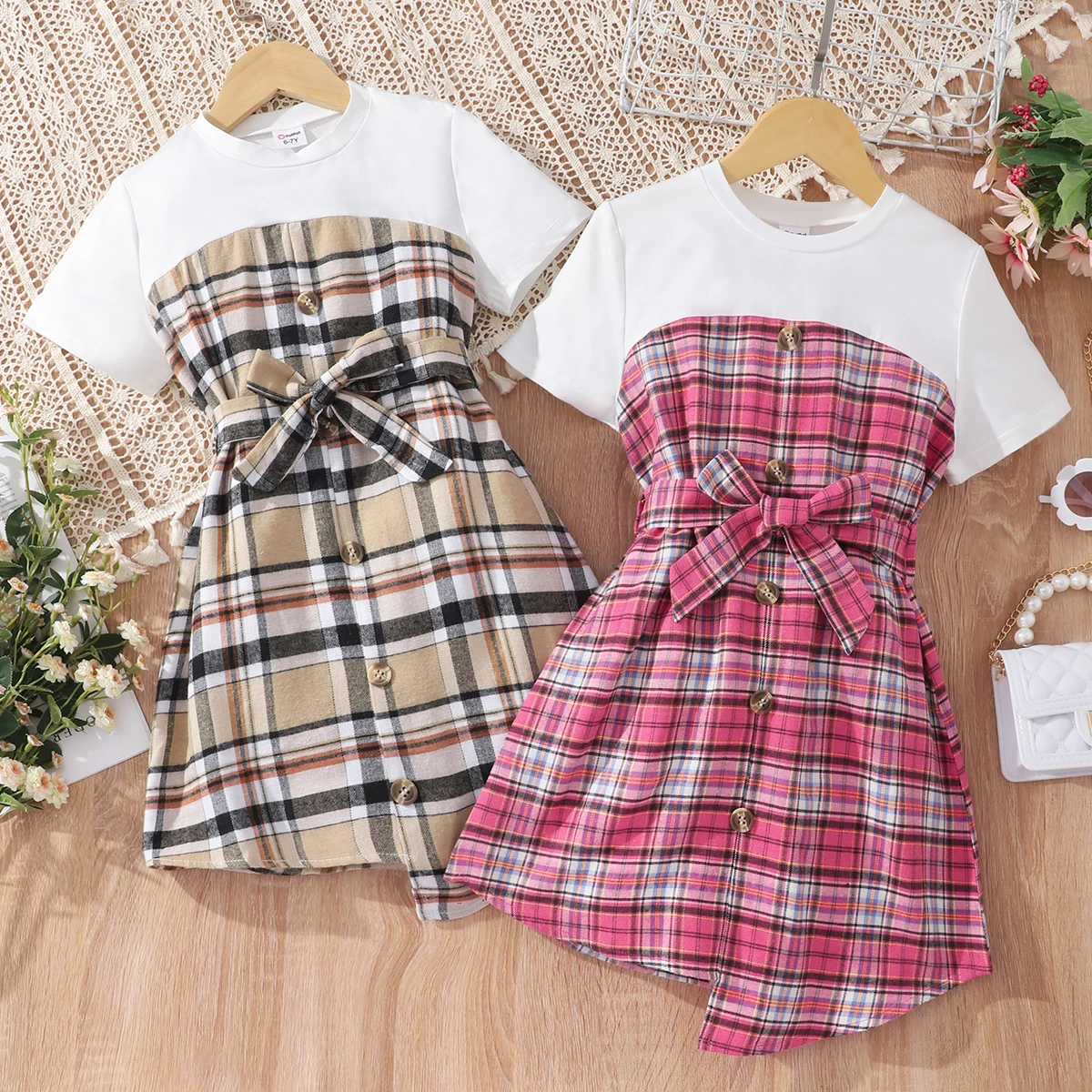 

PatPat Kid Girl Plaid Splice Button Design Belted Irregular Hem Short-sleeve Dress