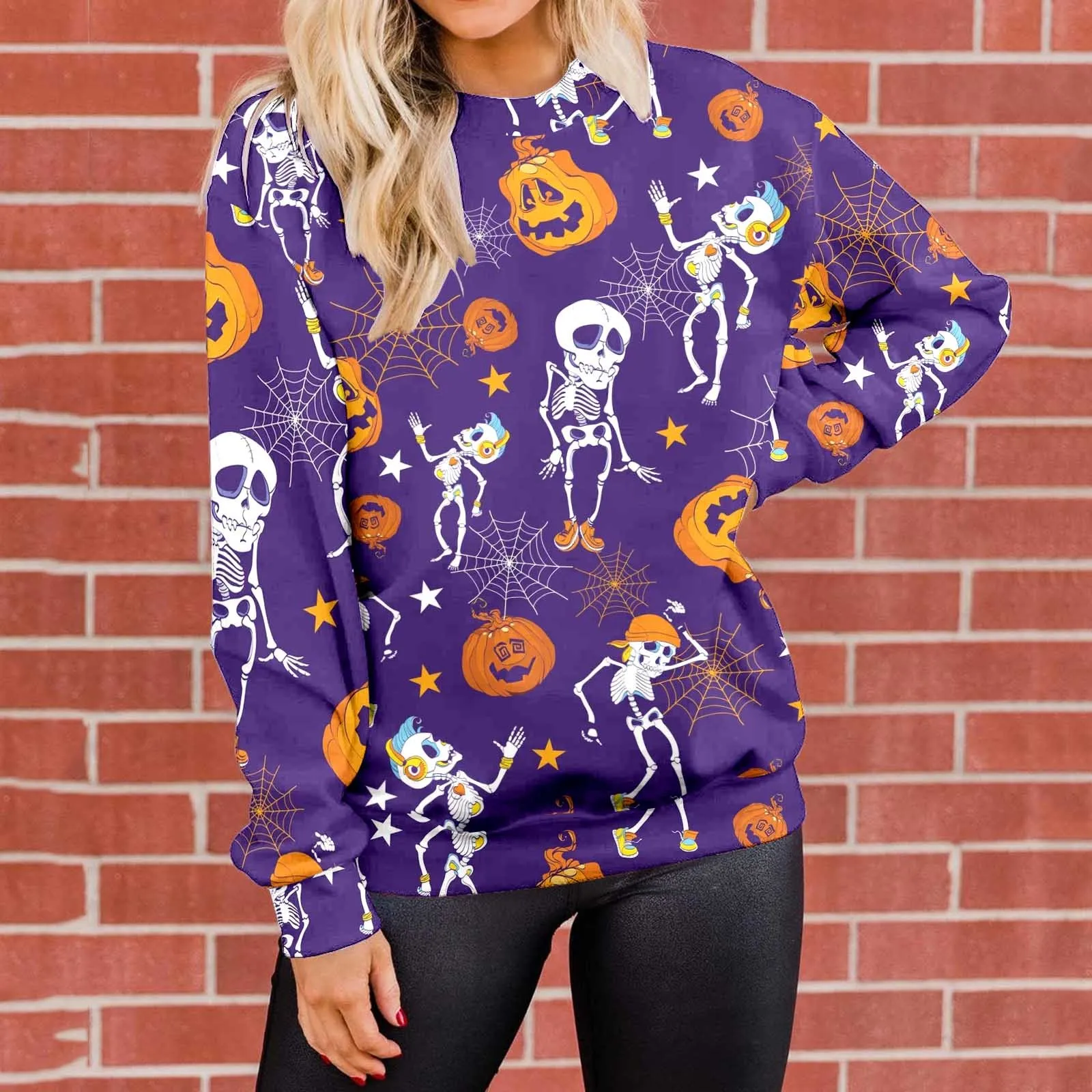 

Womens Casual Halloween Print Long Sleeve Round Neck Hoodie Tops for Women Woman's Zip Hoodie Half Zip Pullover Sweatshirt Women