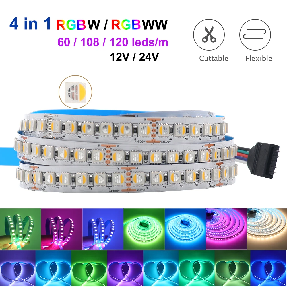 

5M RGBW/RGBWW 4 color in 1 LED Strip Light 60/108/120leds/m 5050 SMD Flexible Home Tape High Brightness Light Bar DC 12V 24V