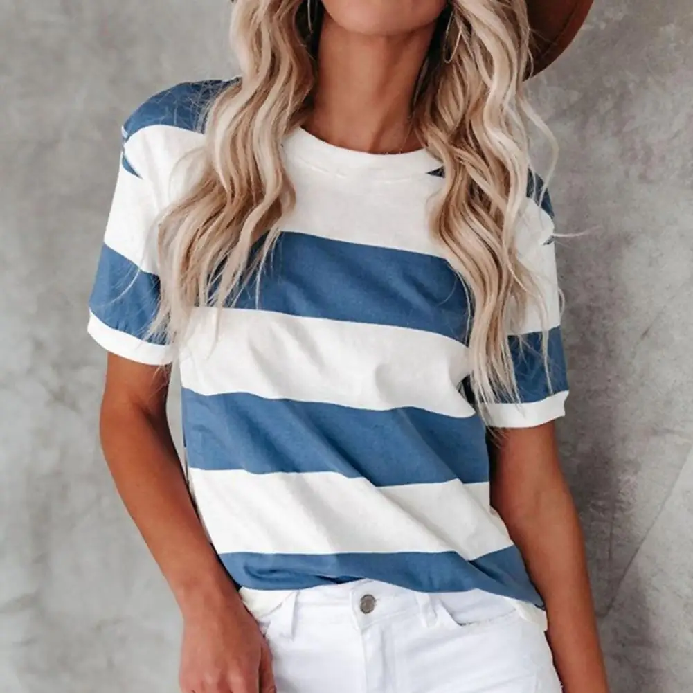 

Comfortable Breathable Blue White Stripe Printed Summer Blouse for Work