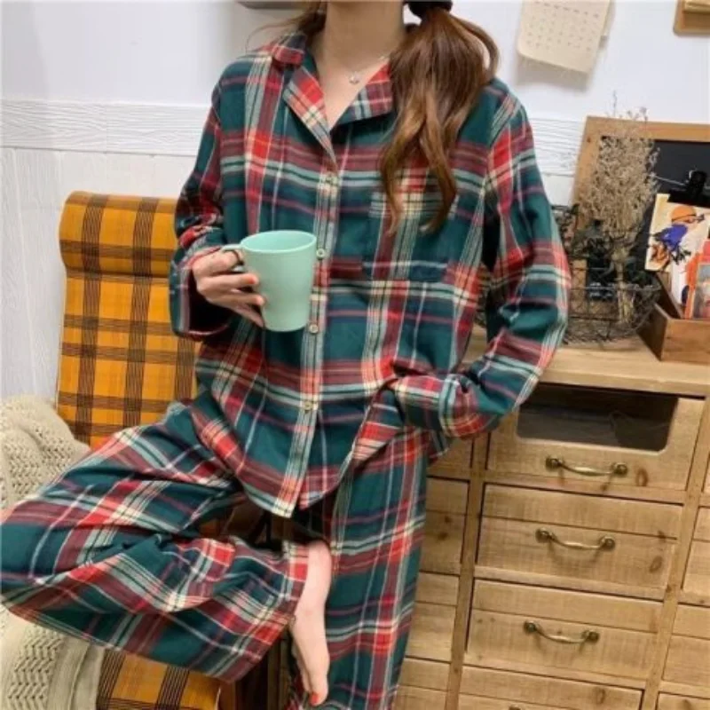 2022 spring and autumn new pajamas ladies long-sleeved trousers cardigan plaid sweet and fresh home service women's pajamas set